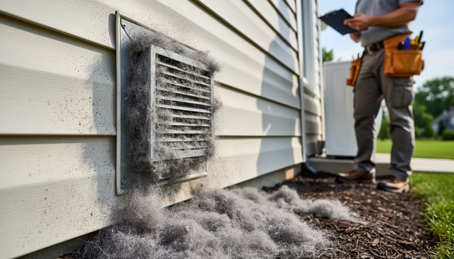 Close-up of dryer vent exterior showing dangerous lint buildup and blockage