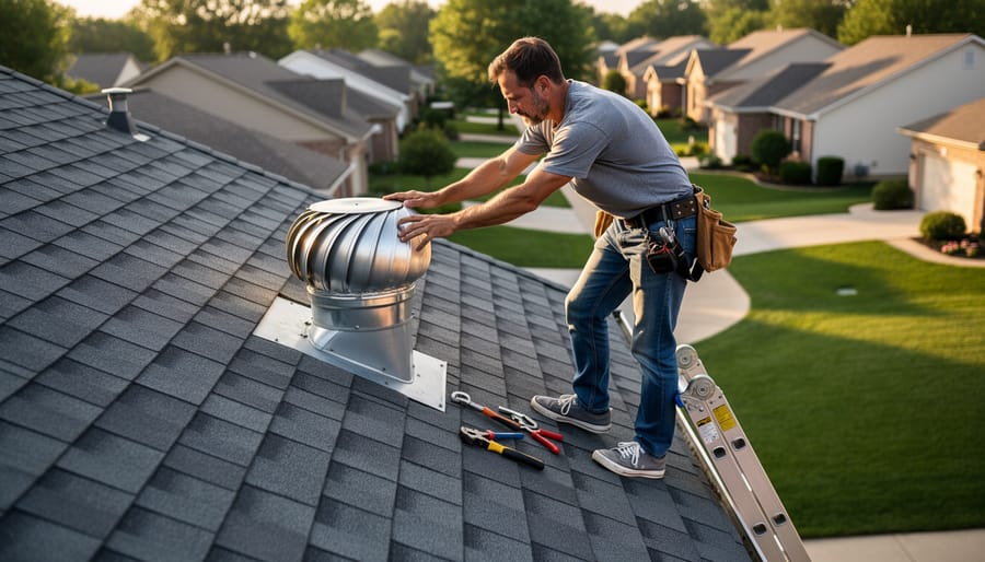 Homeowner on residential roof accessing dryer vent showing safety challenges of DIY approach