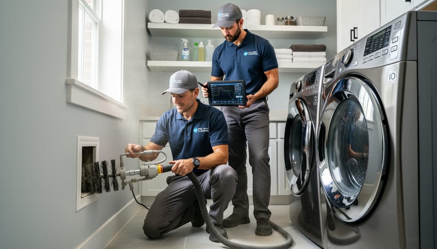 Professional technician using specialized rotary brush equipment for dryer vent cleaning