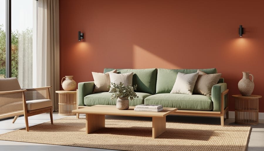 Modern living room showcasing warm terracotta walls and sage green furniture with natural materials