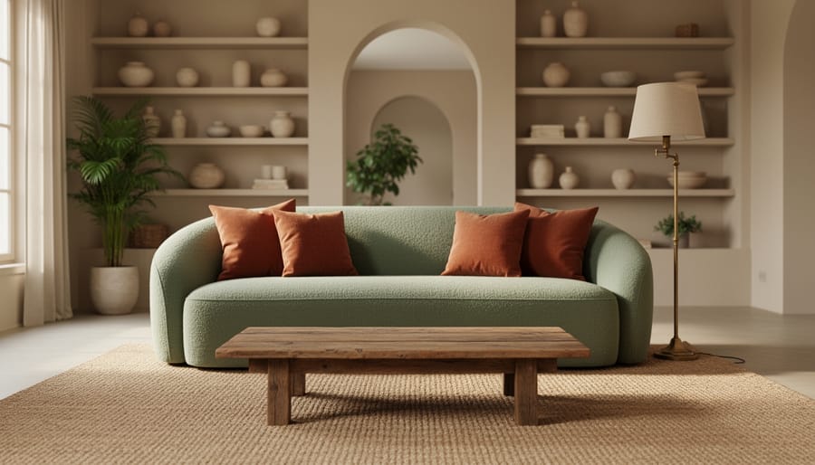 Curved sage-green sofa with terracotta pillows, reclaimed-wood coffee table, and a natural fiber rug in a sunlit living room, with a vintage brass lamp and softly blurred shelves with ceramics and plants in the background.