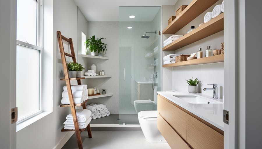 Organized modern bathroom with open wooden floating shelves above a toilet, a tiered corner shelf holding rolled towels, and a vintage ladder shelf beside a vanity, softly lit by natural daylight with a glass shower in the background.