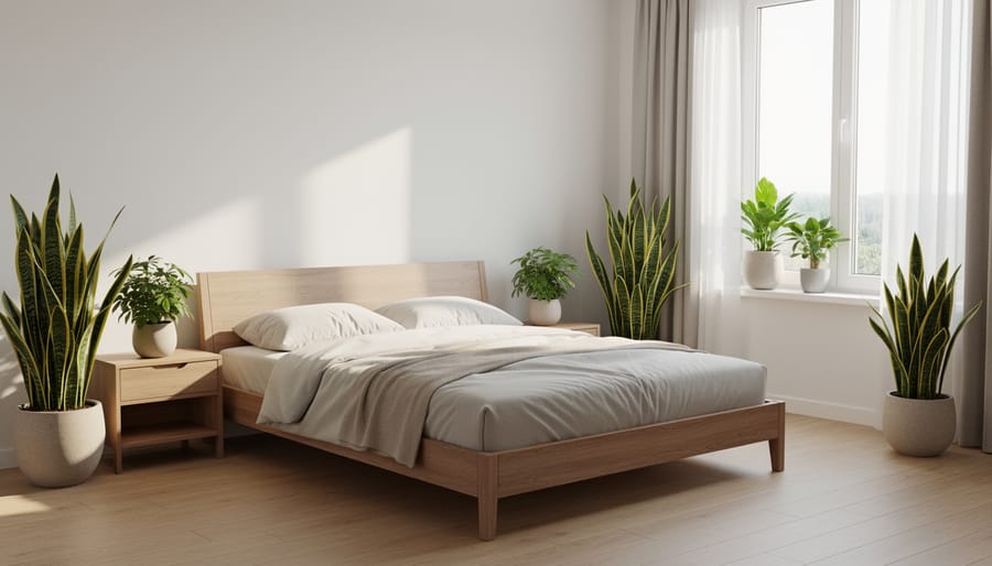 Modern bedroom interior with multiple snake plants placed in corner, on dresser, and windowsill