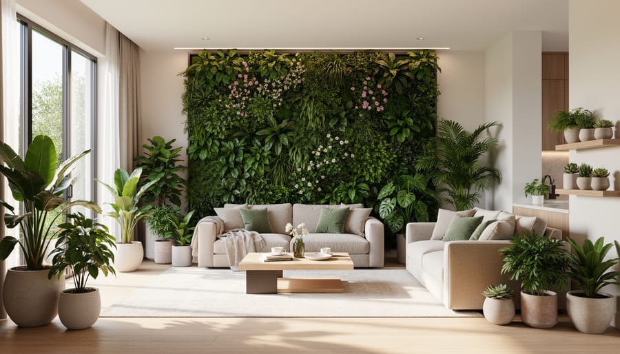 Living plant wall with lush greenery integrated into modern dining room interior
