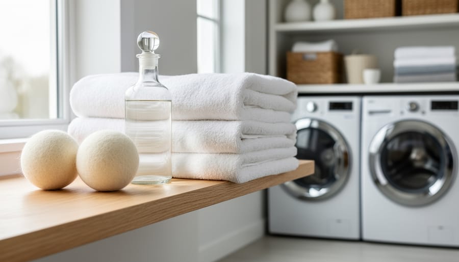 Fluffy white towels on a wooden shelf with two wool dryer balls and an unlabeled clear glass bottle of white vinegar, with a bright minimalist laundry room blurred in the background.