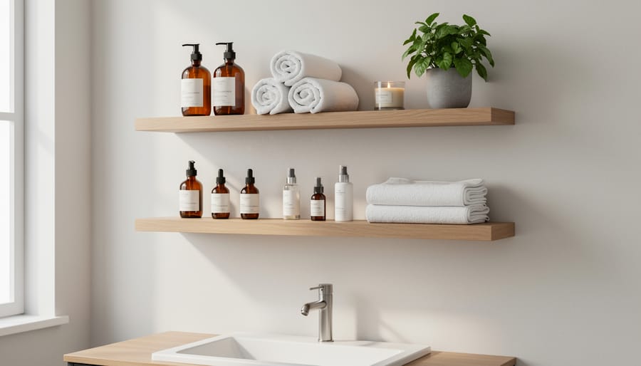 Modern bathroom with white floating shelves beside mirror displaying towels and decorative items