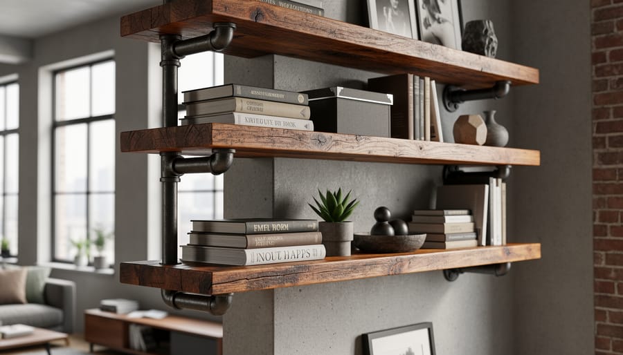 Industrial pipe and wood shelving above toilet with organized towels and bathroom accessories