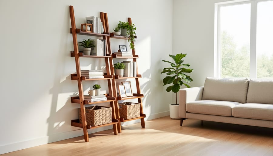 Wooden ladder shelf in bathroom with towels, plants, and storage baskets