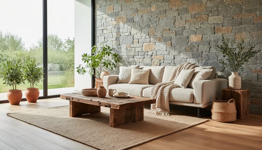 Close-up of layered natural materials including reclaimed wood, stone, and linen fabric