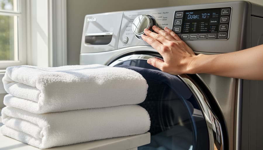 Person removing stack of fluffy white towels from clothes dryer