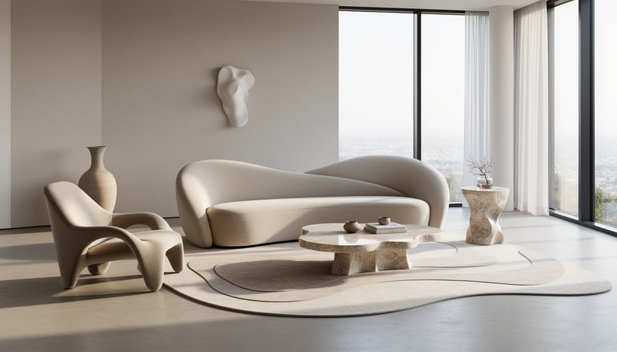 Curved sculptural sofa in cream bouclé fabric showcasing organic furniture design trends