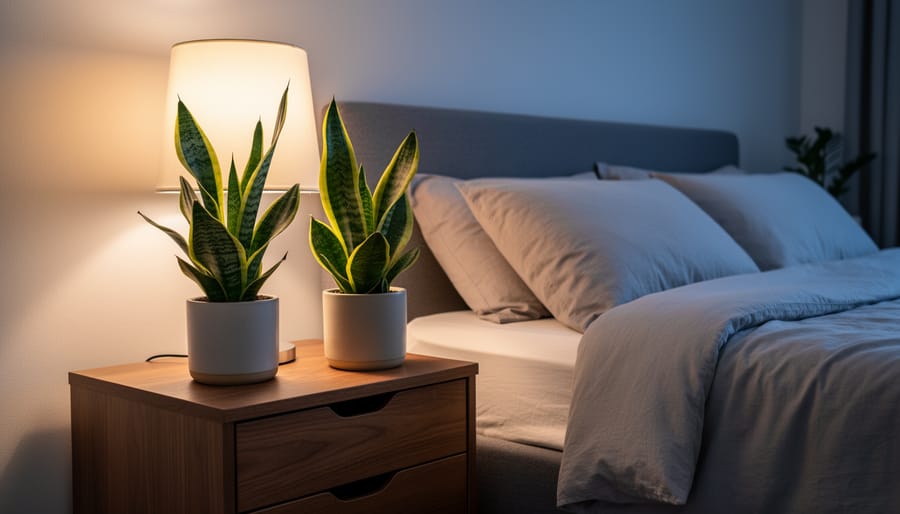 Two snake plants in white ceramic pots on wooden nightstand beside bedroom