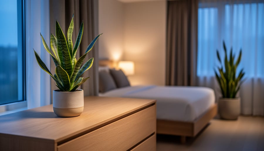 Medium snake plant on a wooden dresser by a window, with a second snake plant in the corner of a modern, clutter-free bedroom, bed and sheer curtains softly blurred in twilight lighting.