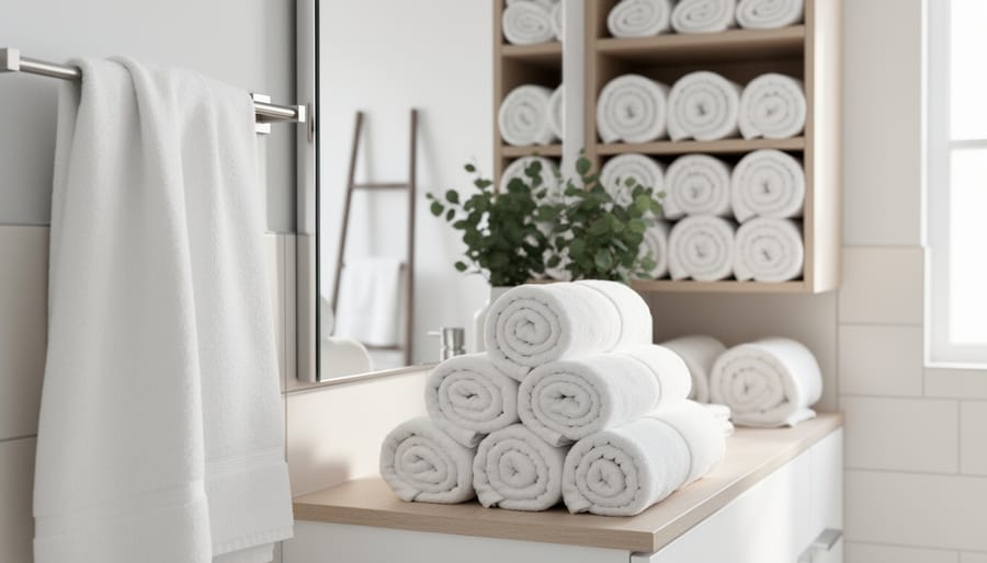 Neatly rolled white towels stored in an organized bathroom with wall-mounted rack and open shelving in a bright spa-like setting.
