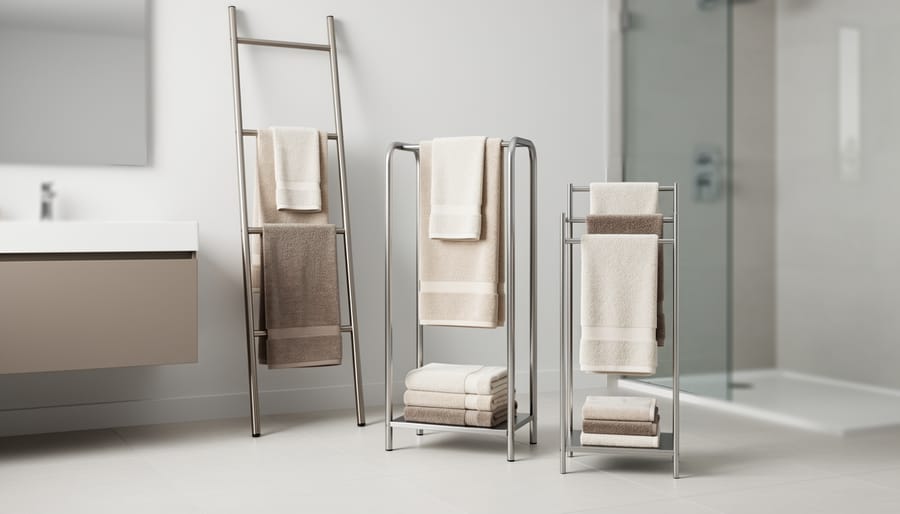 Freestanding wooden towel storage shelf and towel tree displaying neatly folded towels.