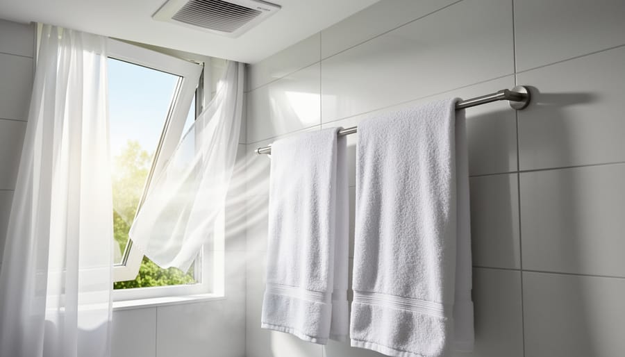 Bathroom towels air-drying near ventilation with a bright, fresh atmosphere.