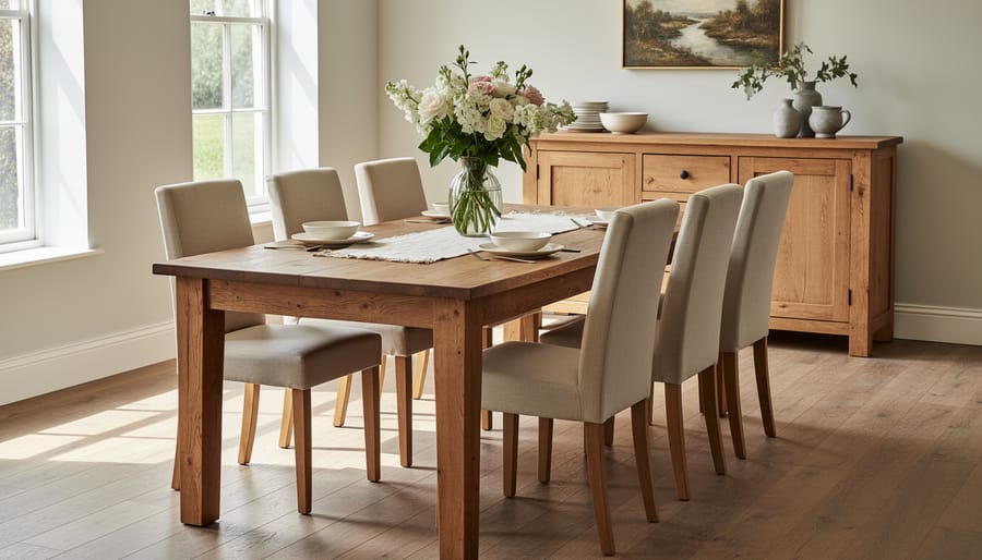 Modern French country dining room with a reclaimed wood table, upholstered chairs, linen runner, and aged brass lighting.