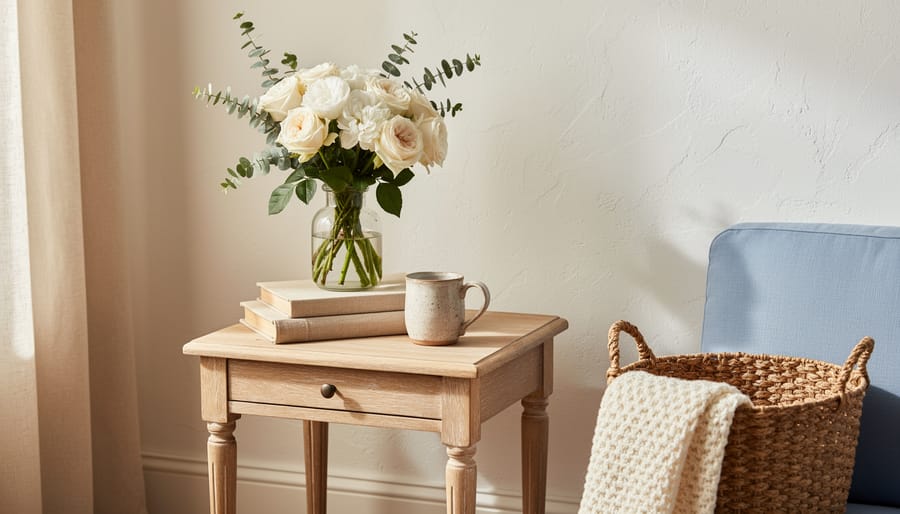 Edited modern French country corner with linen curtains, framed artwork, vintage pottery vase, and a minimal lamp.