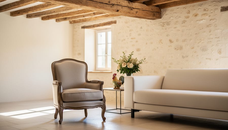 Modern French country living room with warm plaster walls, a reclaimed wood beam, and a linen-upholstered vintage chair with subtle rustic decor.