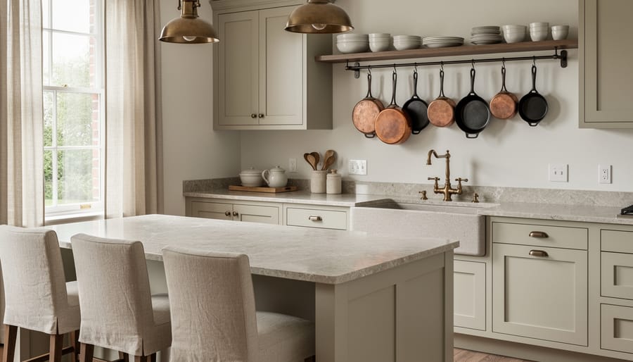 French country kitchen counter with stone surface, linen towel, ceramic canisters, and aged metal hardware.