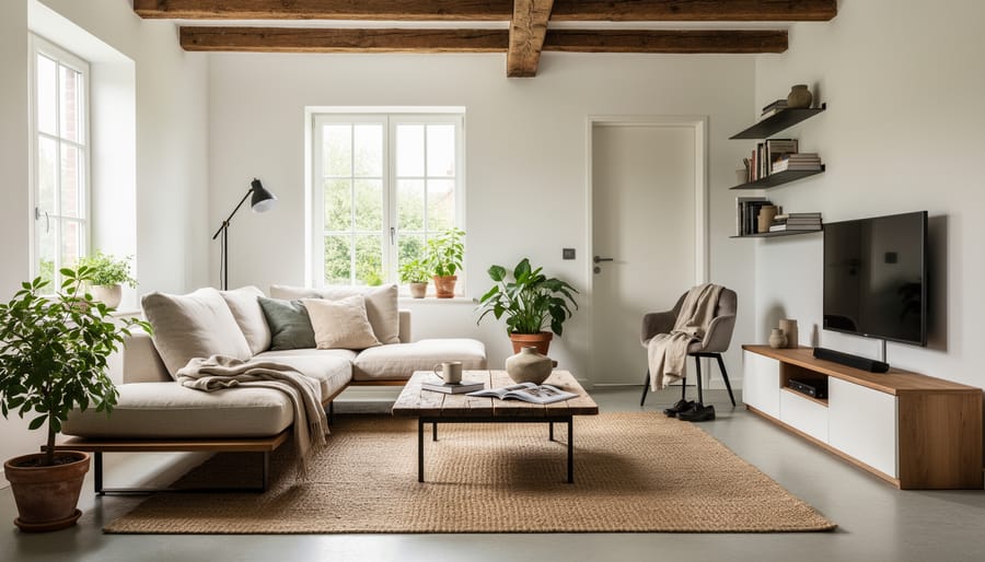Modern French country living room with linen sofa, distressed wood coffee table, and ceramic vase in soft neutral tones.
