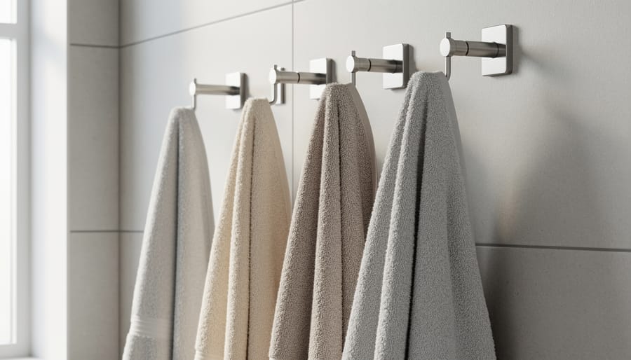 White towels neatly arranged on a wall-mounted towel bar and hooks in a bright modern bathroom.