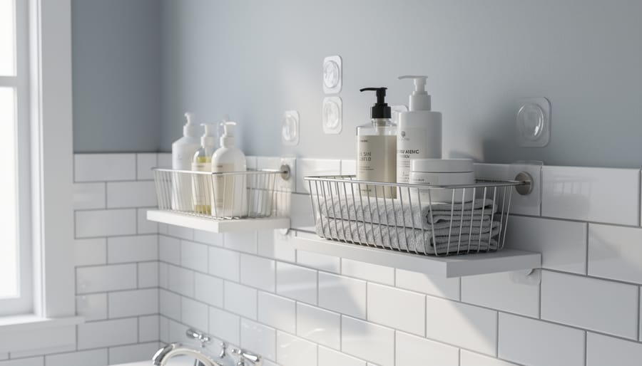 Adhesive wall-mounted baskets and corner shelf holding toiletries on bathroom tile.