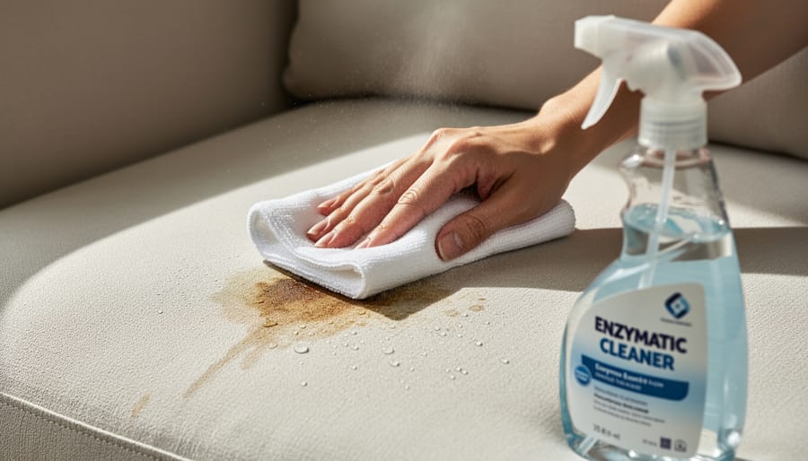 Applying enzyme cleaner to a mattress cover stain and dabbing with a cloth