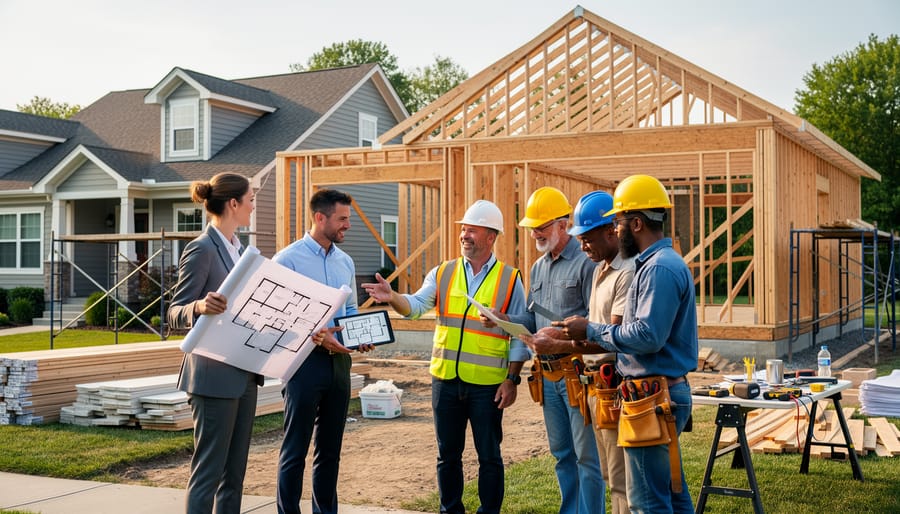 Architect and contractor reviewing plans near building materials at a home expansion site.