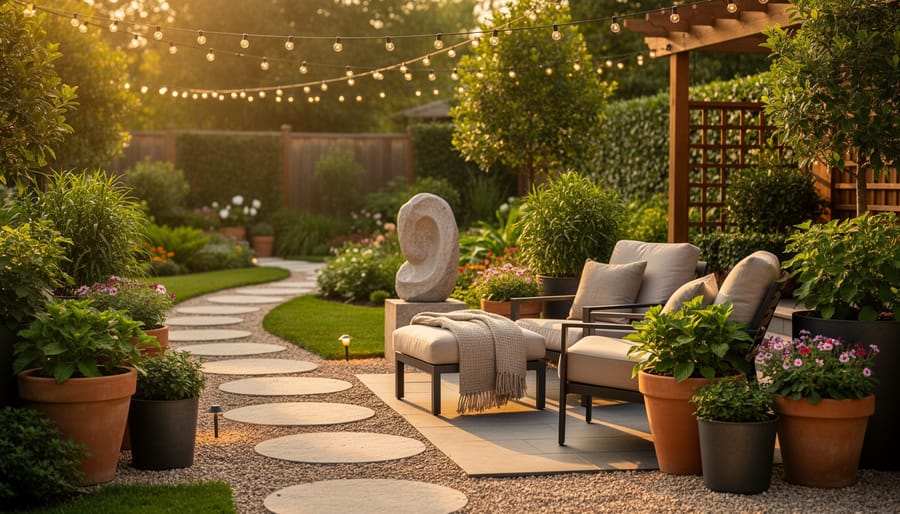 Cozy backyard patio retreat with garden path lighting, planters, and a decorative sculpture surrounded by lush greenery.
