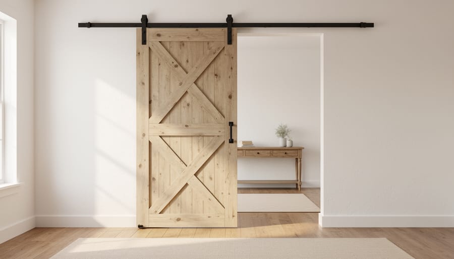 Barn-style sliding interior door with French country raised panels and wrought-iron track in a rustic room