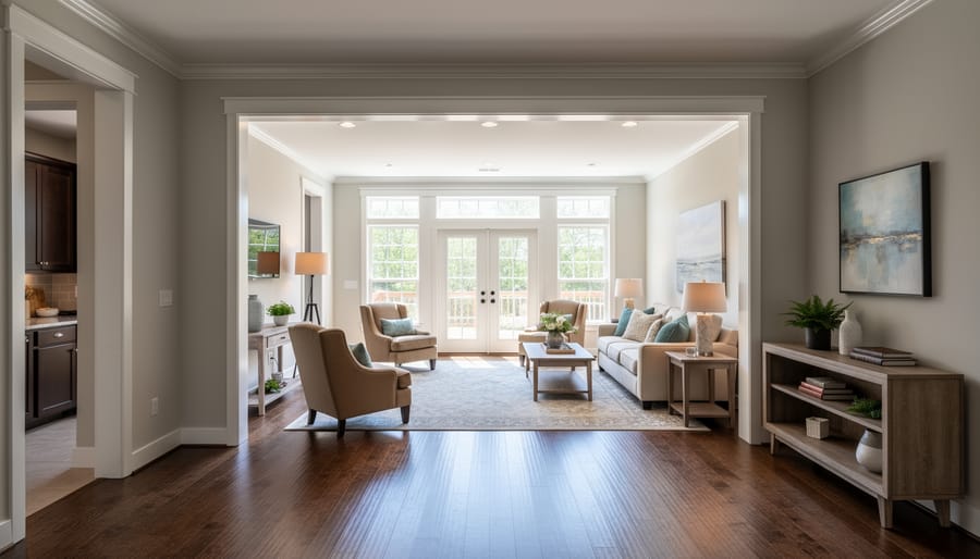 Bright finished interior room with large windows and new hardwood floors from a corner view.