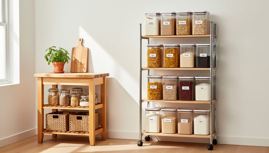 Bright kitchen corner with a free-standing baker’s rack, rolling cart, and organized storage bins creating a no-drill storage nook.