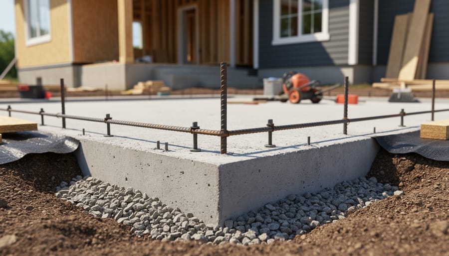 Close-up of concrete foundation footing with visible rebar for a residential house expansion.