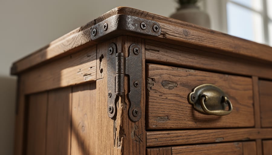 Close-up of distressed natural wood panels and antique bronze hinge on a French country interior door