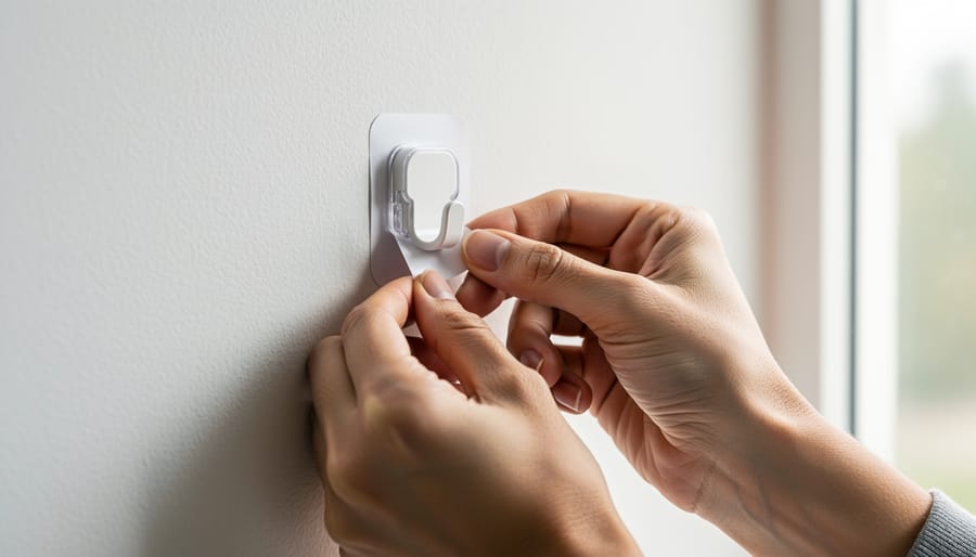 Close-up of hands attaching an adhesive hook to a kitchen wall surface for renter-friendly hanging storage.