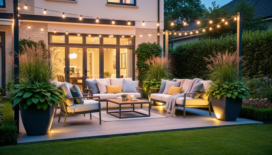 Cozy front-yard outdoor seating area with curved stone path, flowering planters, and warm string lights at golden hour.