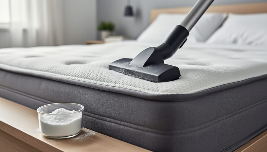 Vacuum cleaner nozzle cleaning the surface of a mattress with baking soda placed nearby on the bed frame in a bright bedroom.