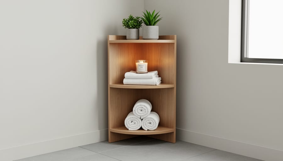 Freestanding corner shelving unit in a small bathroom holding towels and small accessories.