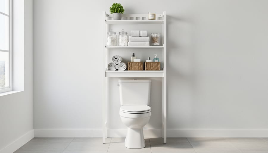 Freestanding over-the-toilet shelving unit with baskets and neatly folded towels in a small bathroom.