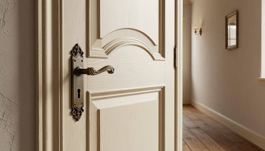 French country raised-panel interior door with antique wrought iron hardware and glass insert in a softly lit hallway