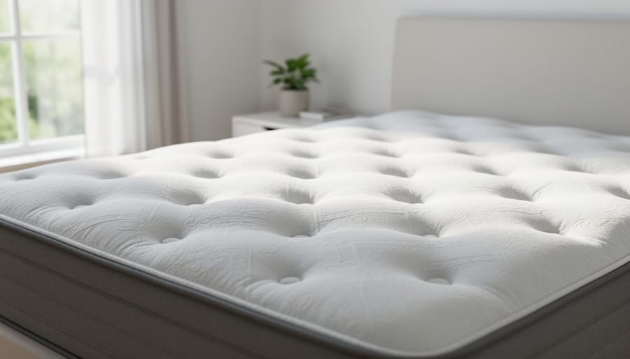 Freshly dried mattress on a bed with natural sunlight highlighting the clean surface