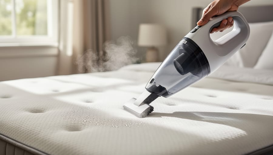 Handheld steam cleaner sanitizing a mattress cover