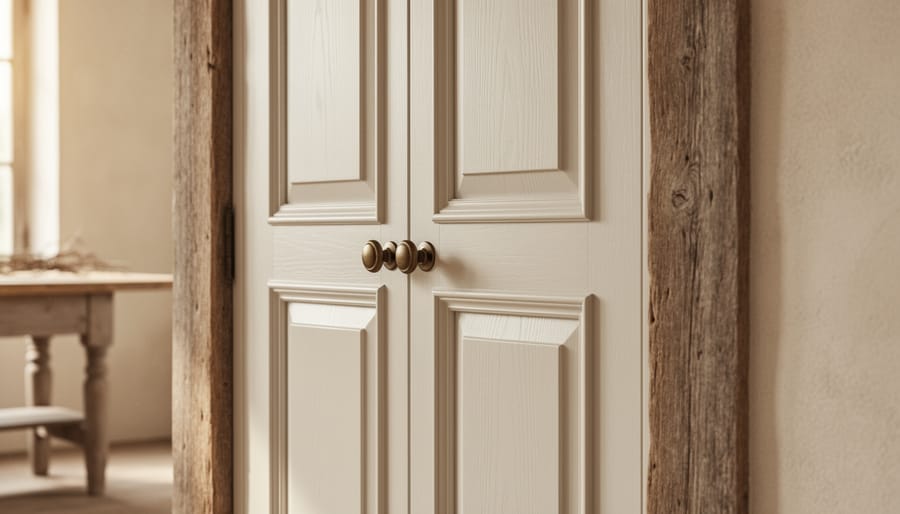 “French country interior door with raised six-panel wood design in a soft creamy white finish, set in a warm rustic-elegant room.”
