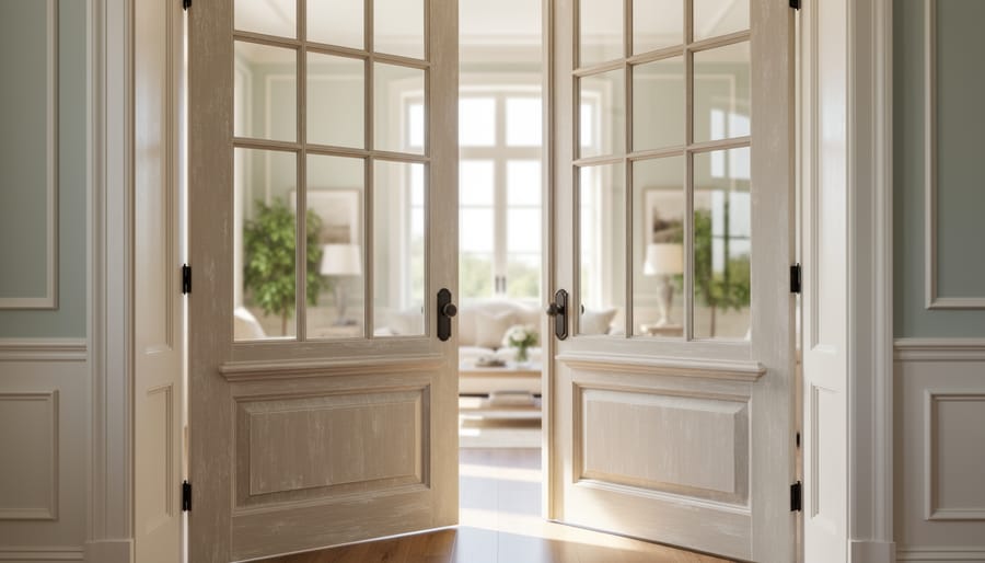 Interior French country doors with glass inserts in a bright living space during golden hour