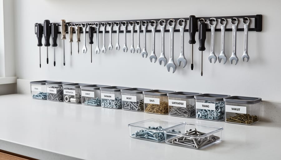 Magnetic strip and containers holding tweezers and small metal items on a medicine cabinet.