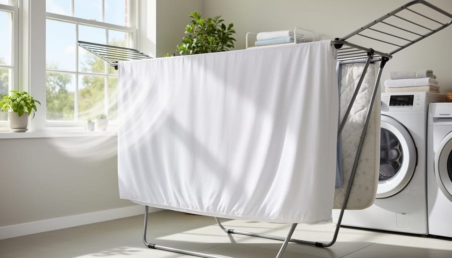 Mattress cover air-drying on a rack near a window