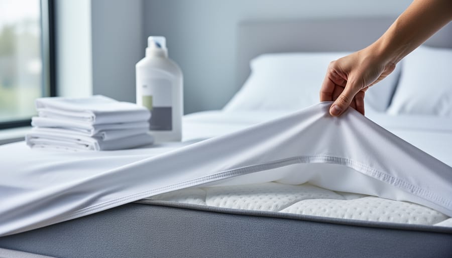Close-up of a person lifting a clean mattress cover from a bed with folded white bedding and laundry supplies nearby.