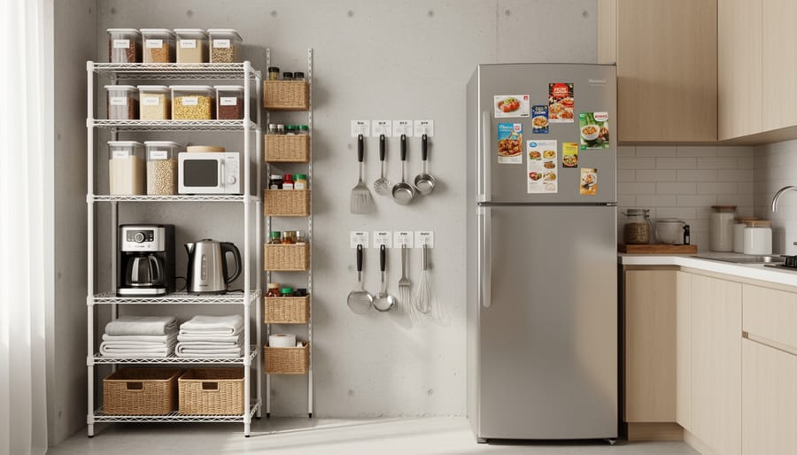 Bright kitchen corner with removable shelves and tension-mounted storage organizers, showing a renter-friendly no-drill setup beside the refrigerator.