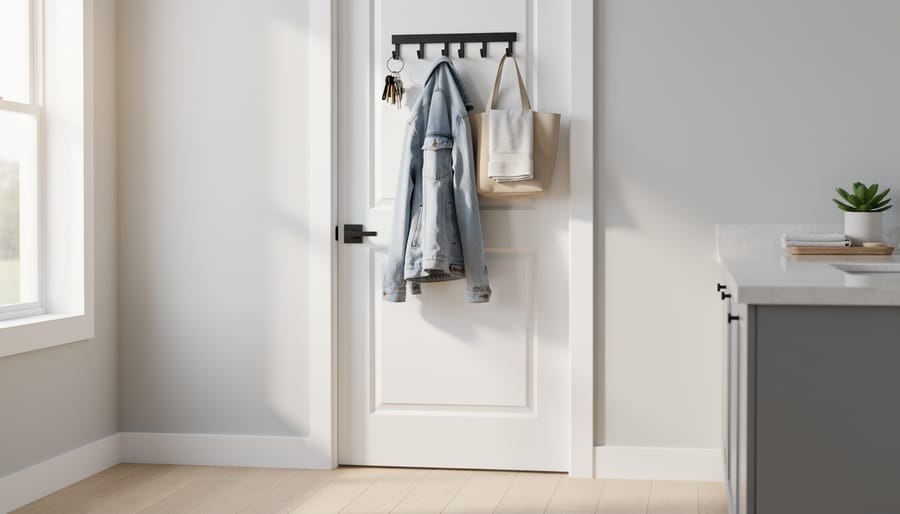 Over-the-door storage rack with hanging pockets and a towel in a small bathroom.